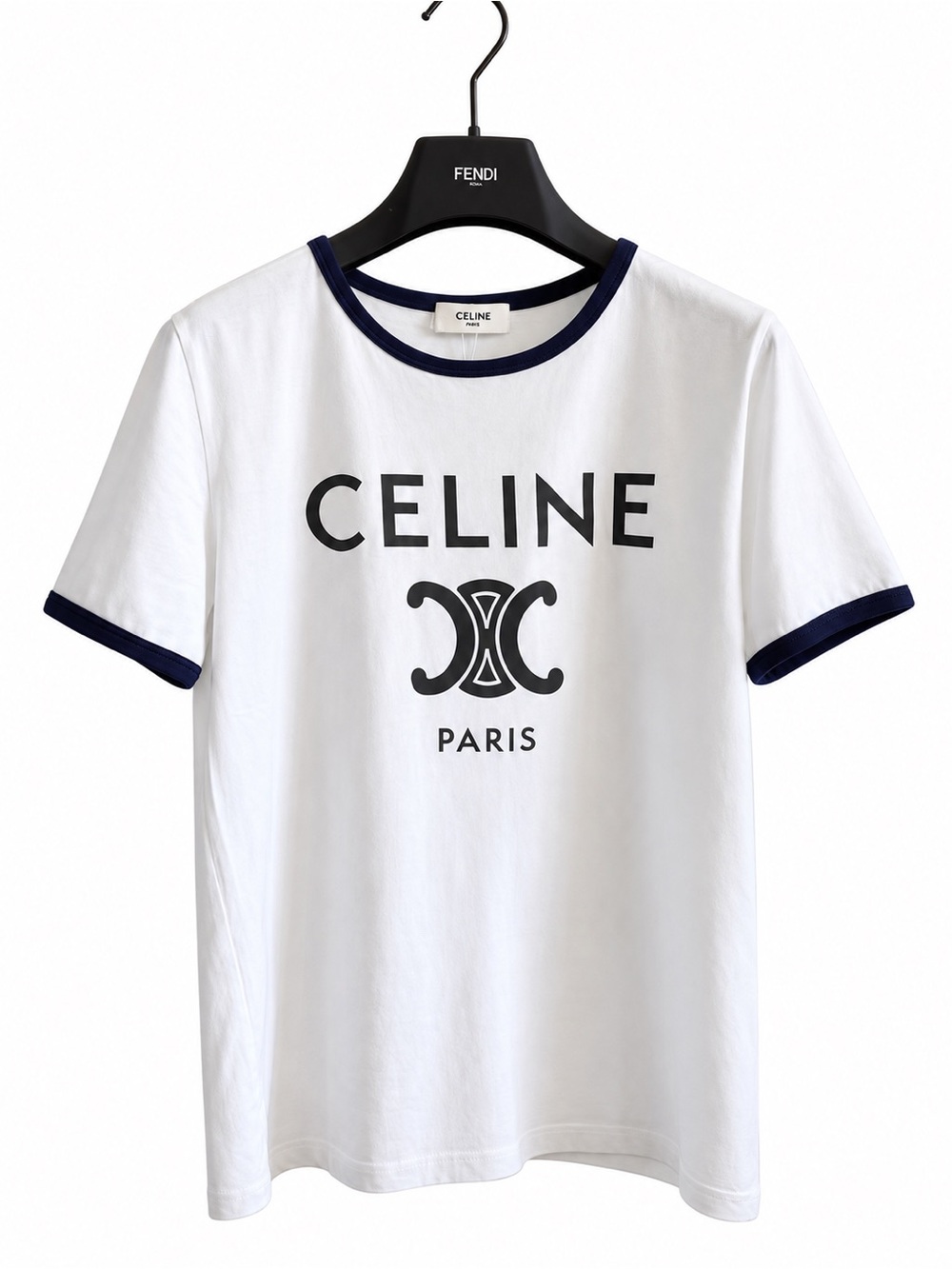 🚩steal Celine White Tee with Black Logo and Navy Trim